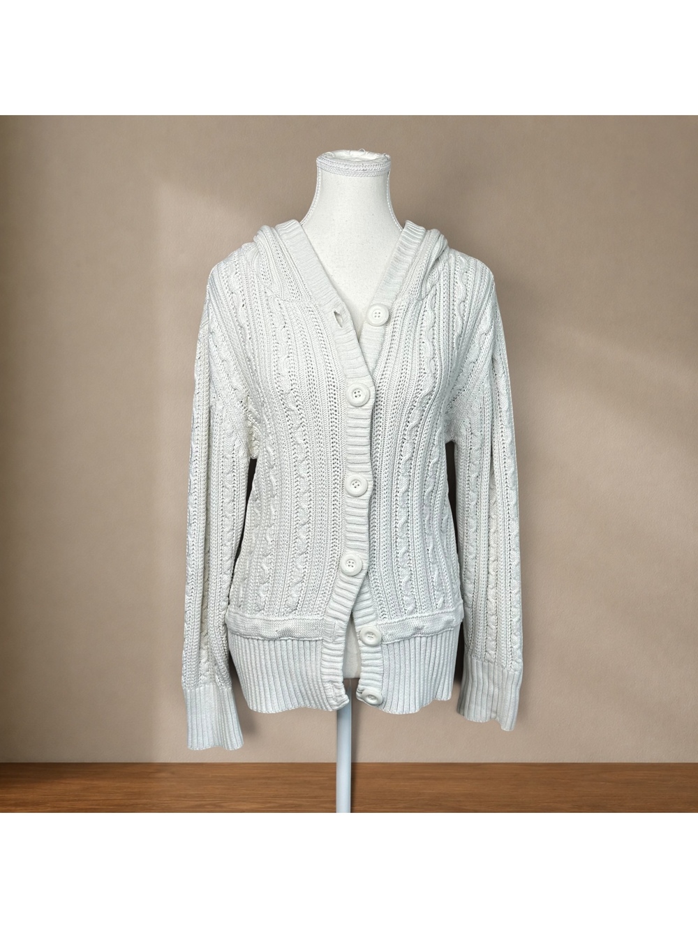 White Cable Knit Hooded Cardigan Fisherman Cottagecore Grandpa Cozy Sweater